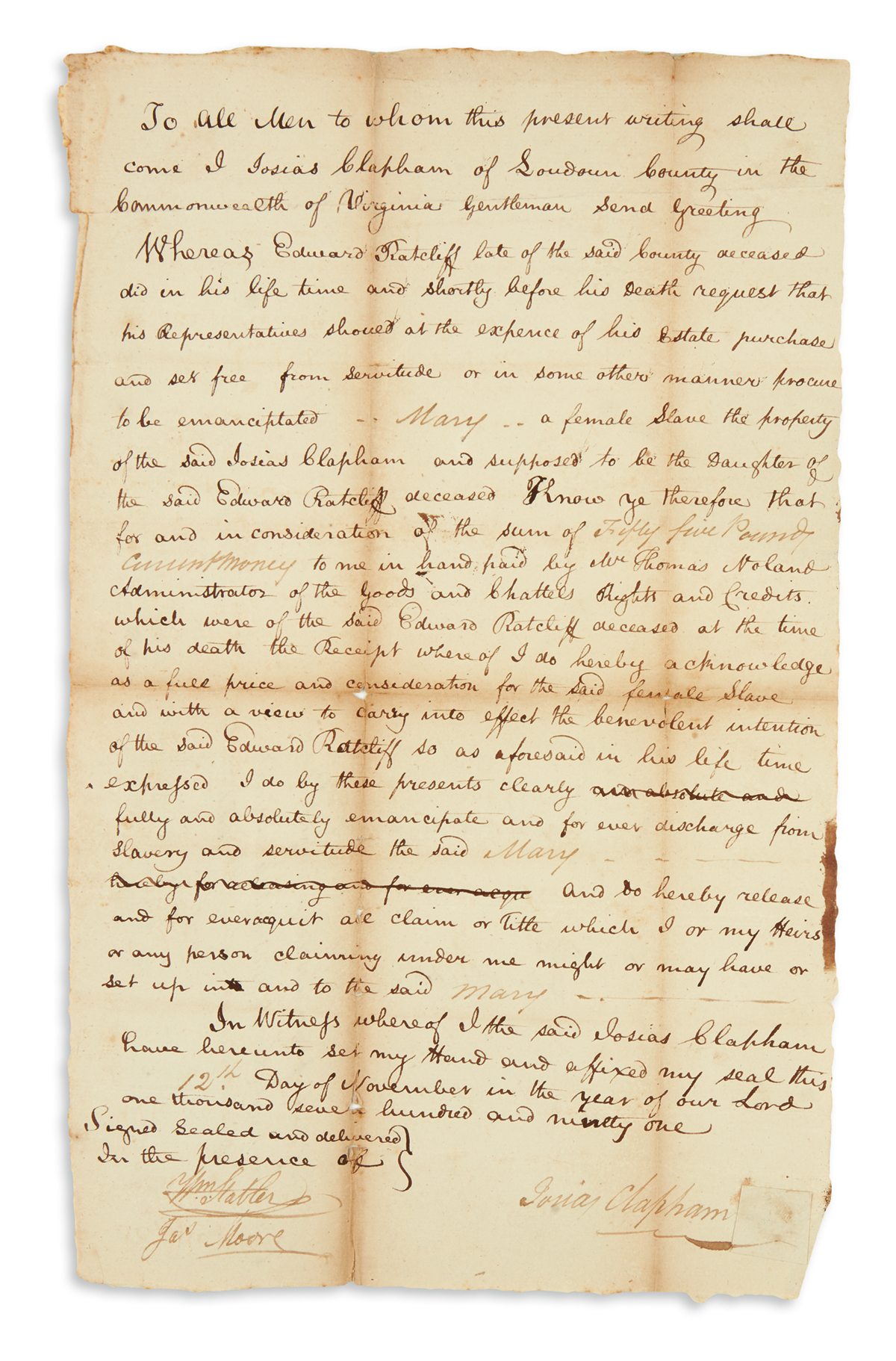 (SLAVERY AND ABOLITION.) Clapham, Josias. Manumission deed from the estate of the freed womans owner and father.